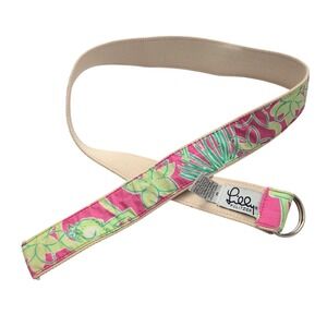 Lilly Pulitzer Canvas Belt Tropical Floral Pink Green D Ring Sz M Preppy Coastal